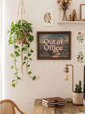 Out of Office Landscape Wood Framed Art Retro Pink Print Canvas Art Print 16x13”